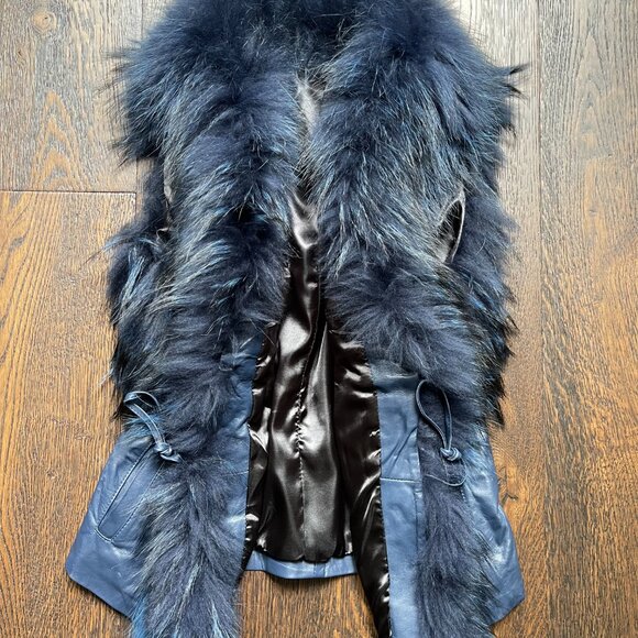 NWOT Leather Vest Navy Blue Real Fox Fur XS size - Picture 11 of 16